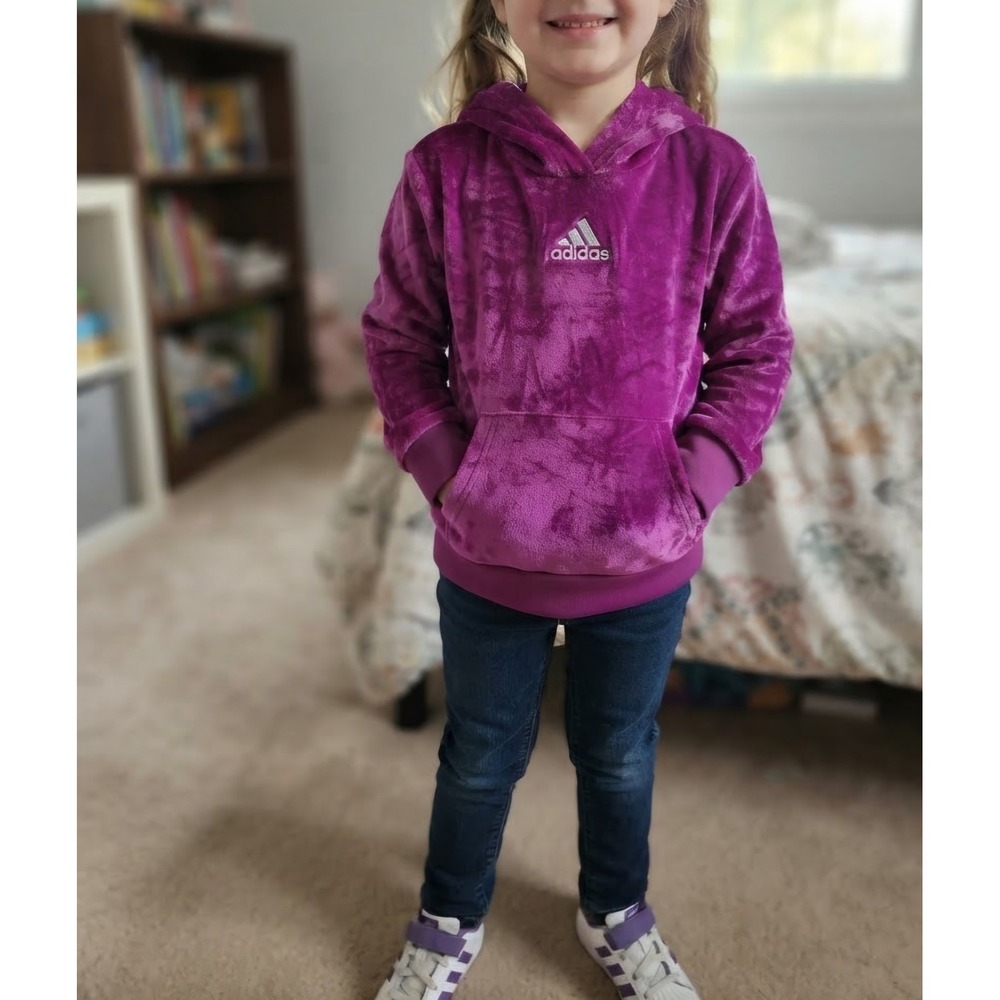 Adidas Girls Purple Fleece Hoodie Pullover Size M 10/12 Kangaroo Pocket Logo